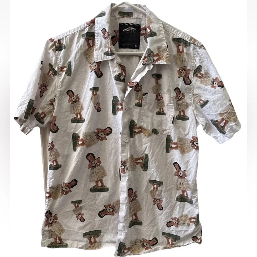 Vans Mens Short Sleeve Button Up White Shirt Hawaiian Hula Girl Sz Medium - Picture 2 of 9
